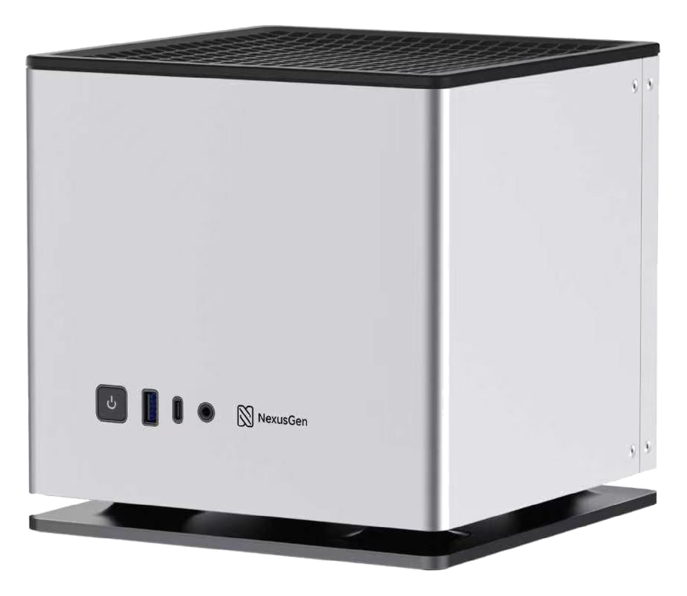 The NexusGen private AI server: a brushed aluminium cube with a top vent, power button, USB ports, and the NexusGen mark