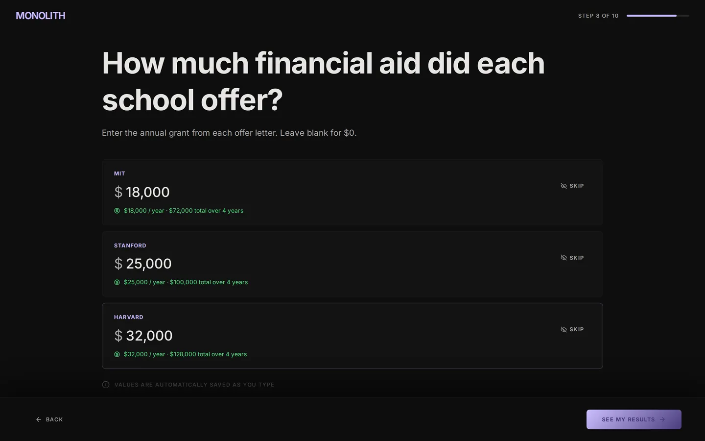 08: The actual aid from each offer letter