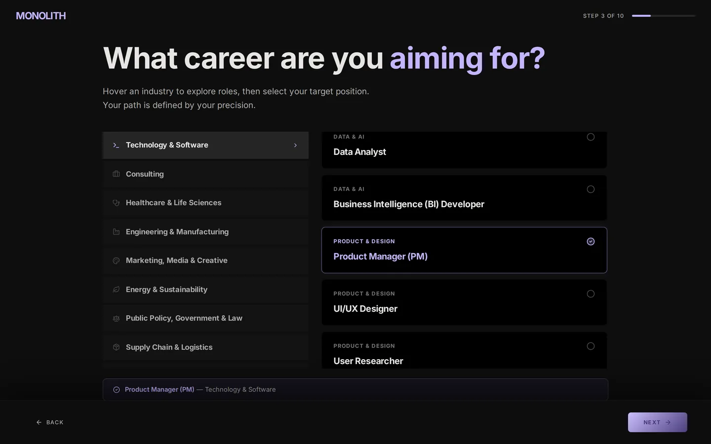 Choosing a target career in PathWise