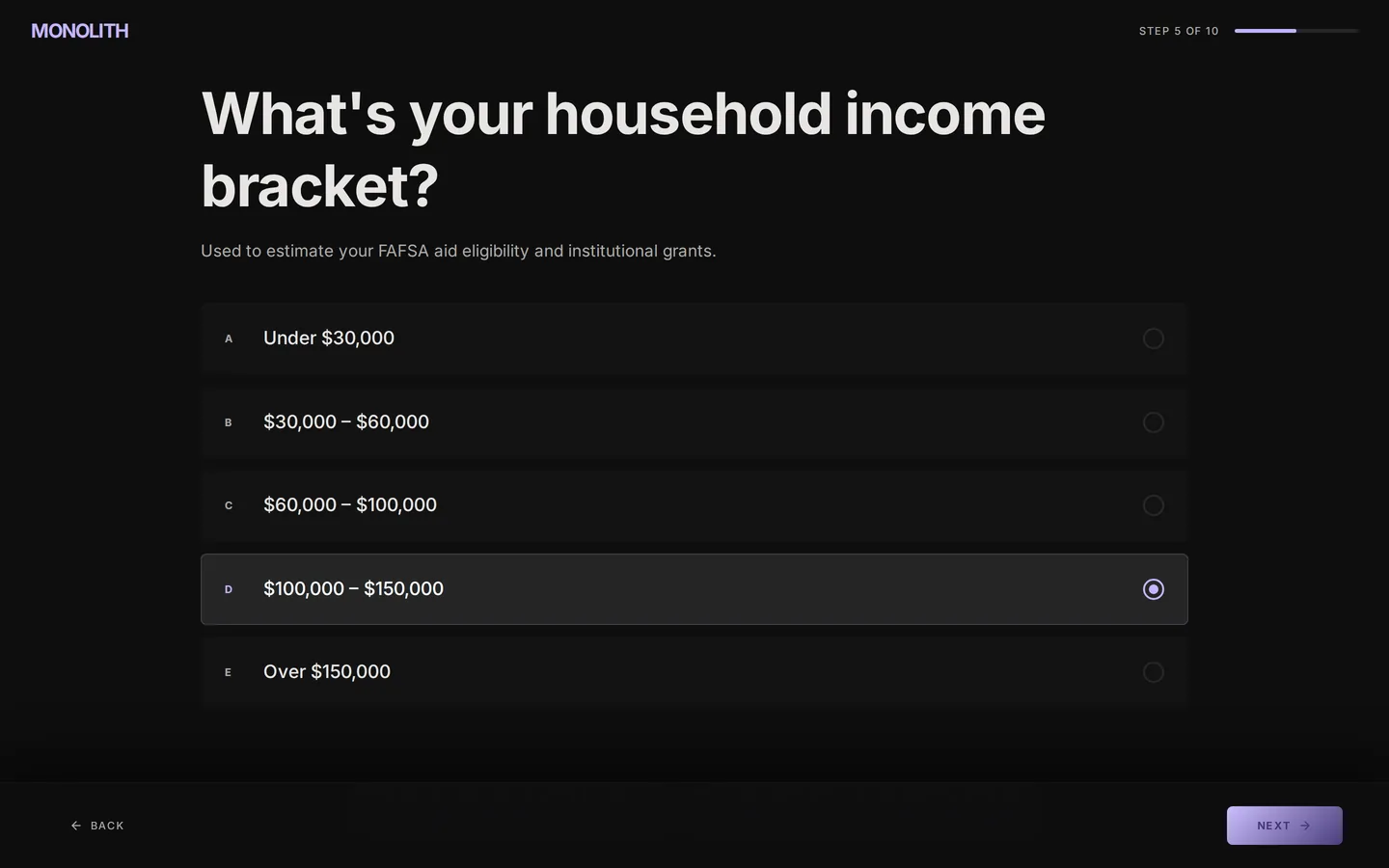 05: Household income bracket, for aid eligibility