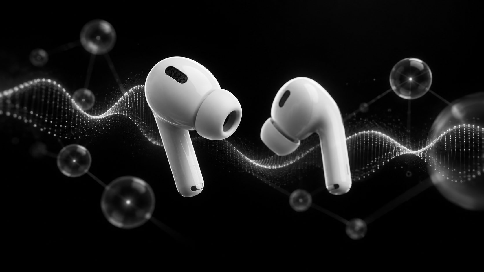 Two AirPods floating in front of a dark background with a sound wave behind them