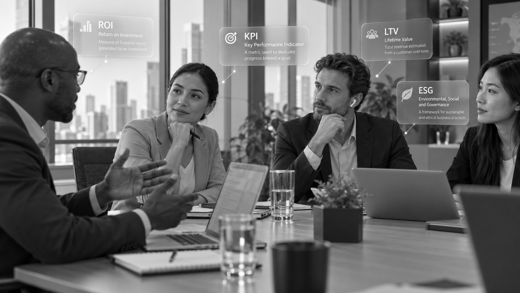 A meeting where unfamiliar terms like ROI, KPI, LTV and ESG are quietly annotated for one participant